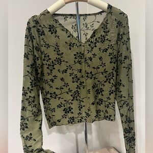 Dazy Army Green Mesh long-sleeved top with black velvetty floral design